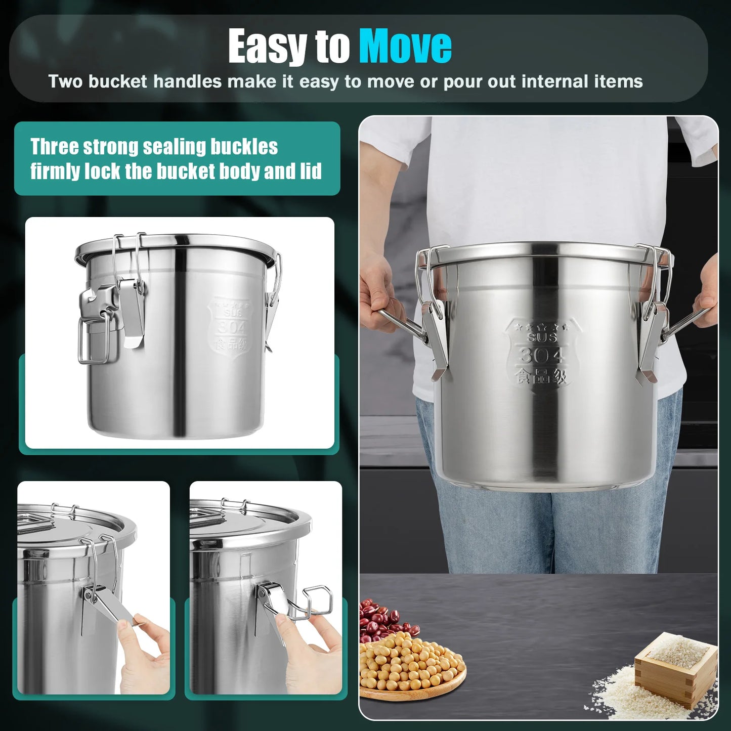 Stainless Steel Storage Bucket Airtight Corrosion Resistant