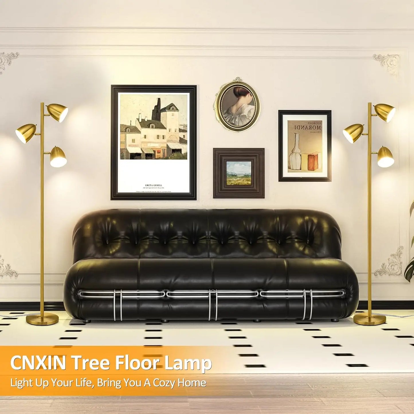 65" Adjustable Floor Lamp with Gold Metal Heads