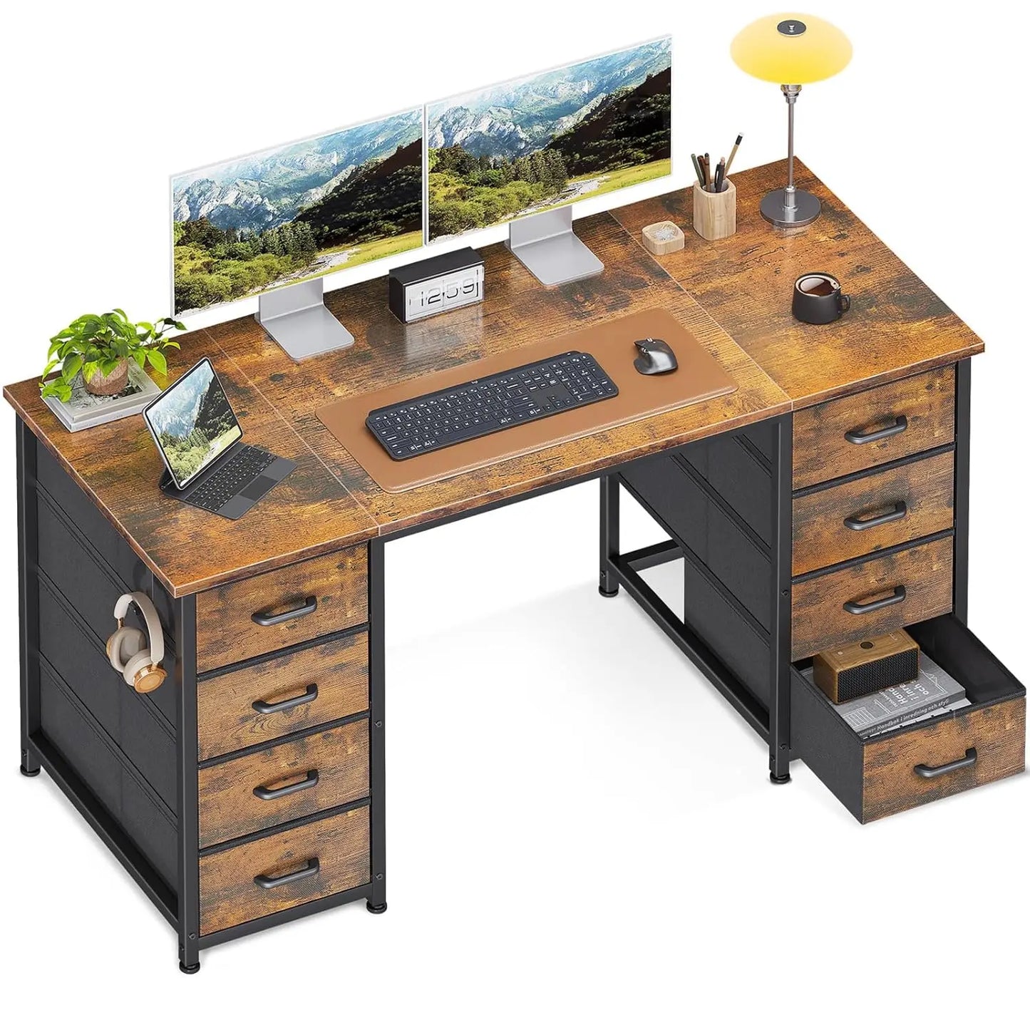 48 Inch White Computer Desk with 8 Fabric Drawers