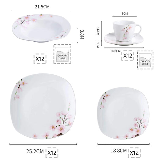 60-Piece White Ceramic Pink Floral Plate Set