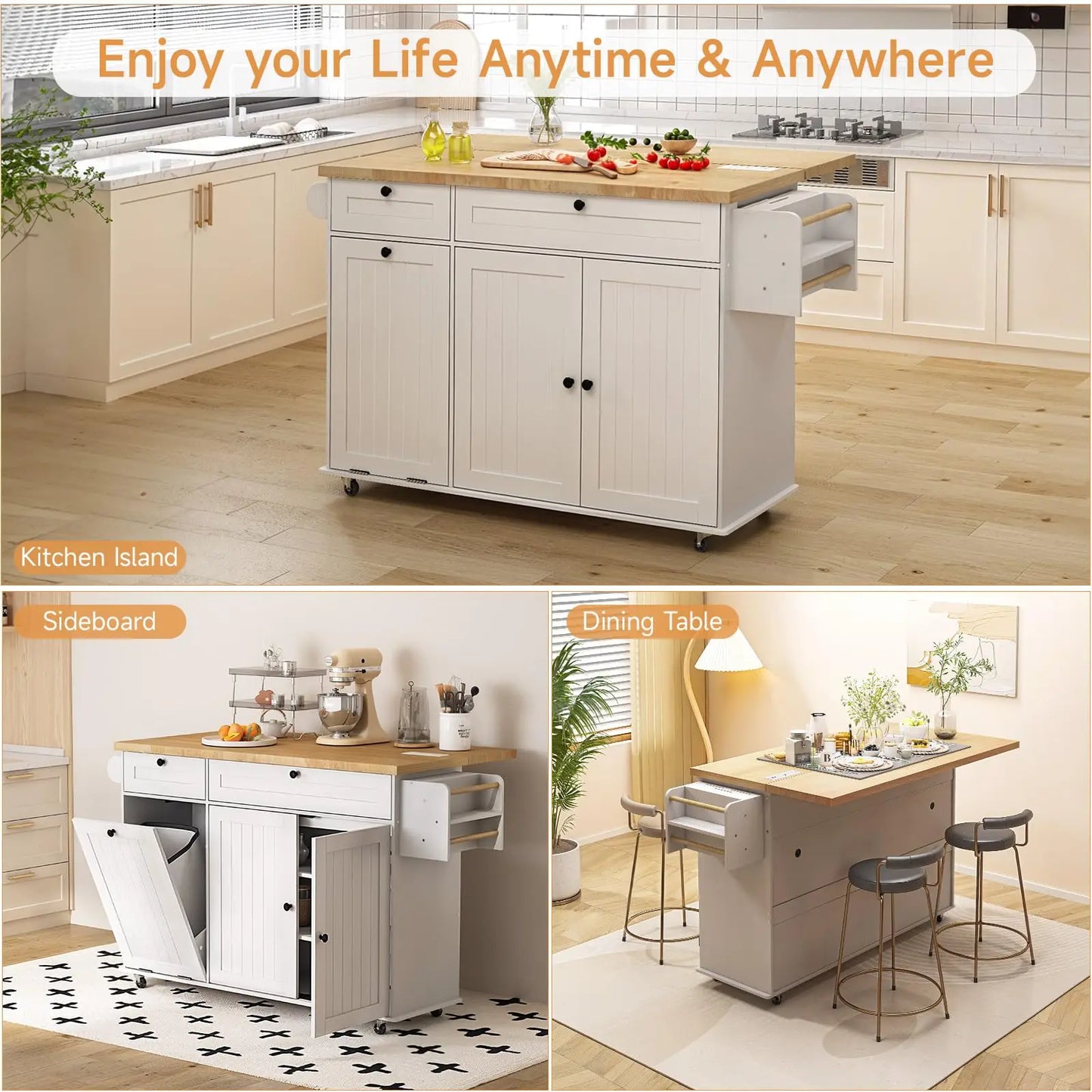 60" Rolling Kitchen Island Table With Power Outlets