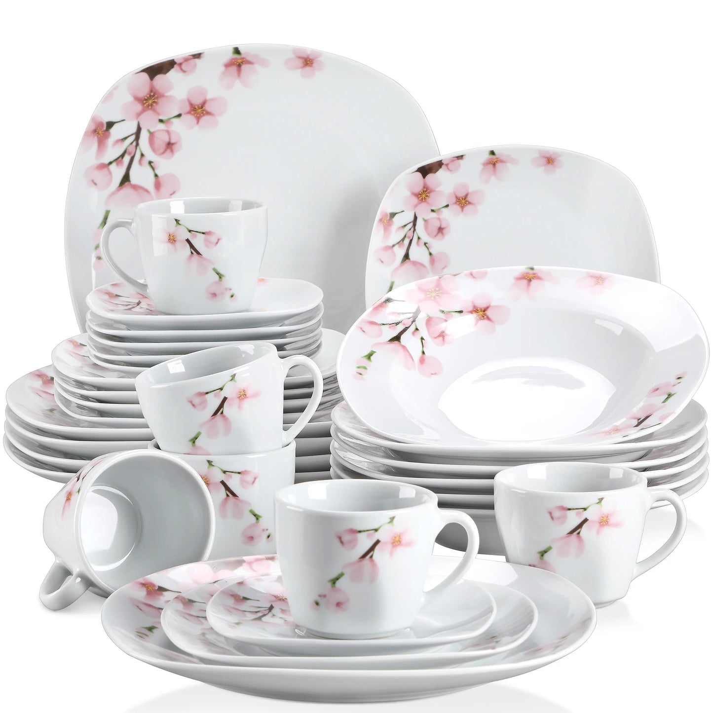60-Piece White Ceramic Pink Floral Plate Set
