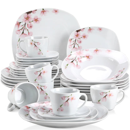 60-Piece White Ceramic Pink Floral Plate Set