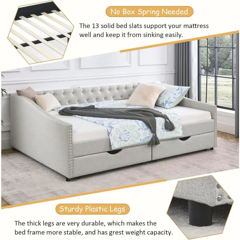 Wood Queen Size Daybed, Frame with 2 Storage Drawers,