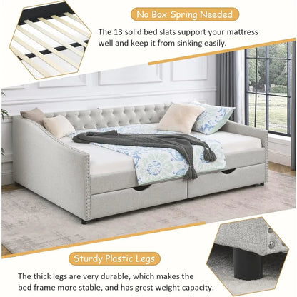 Wood Queen Size Daybed, Frame with 2 Storage Drawers,