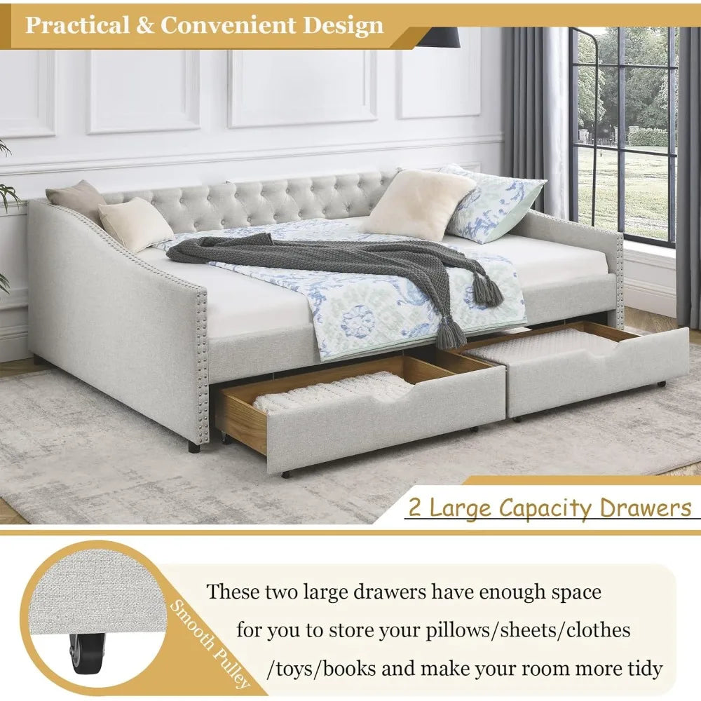 Wood Queen Size Daybed, Frame with 2 Storage Drawers,