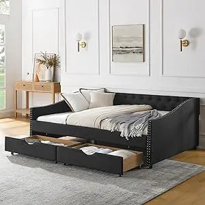 Wood Queen Size Daybed, Frame with 2 Storage Drawers,
