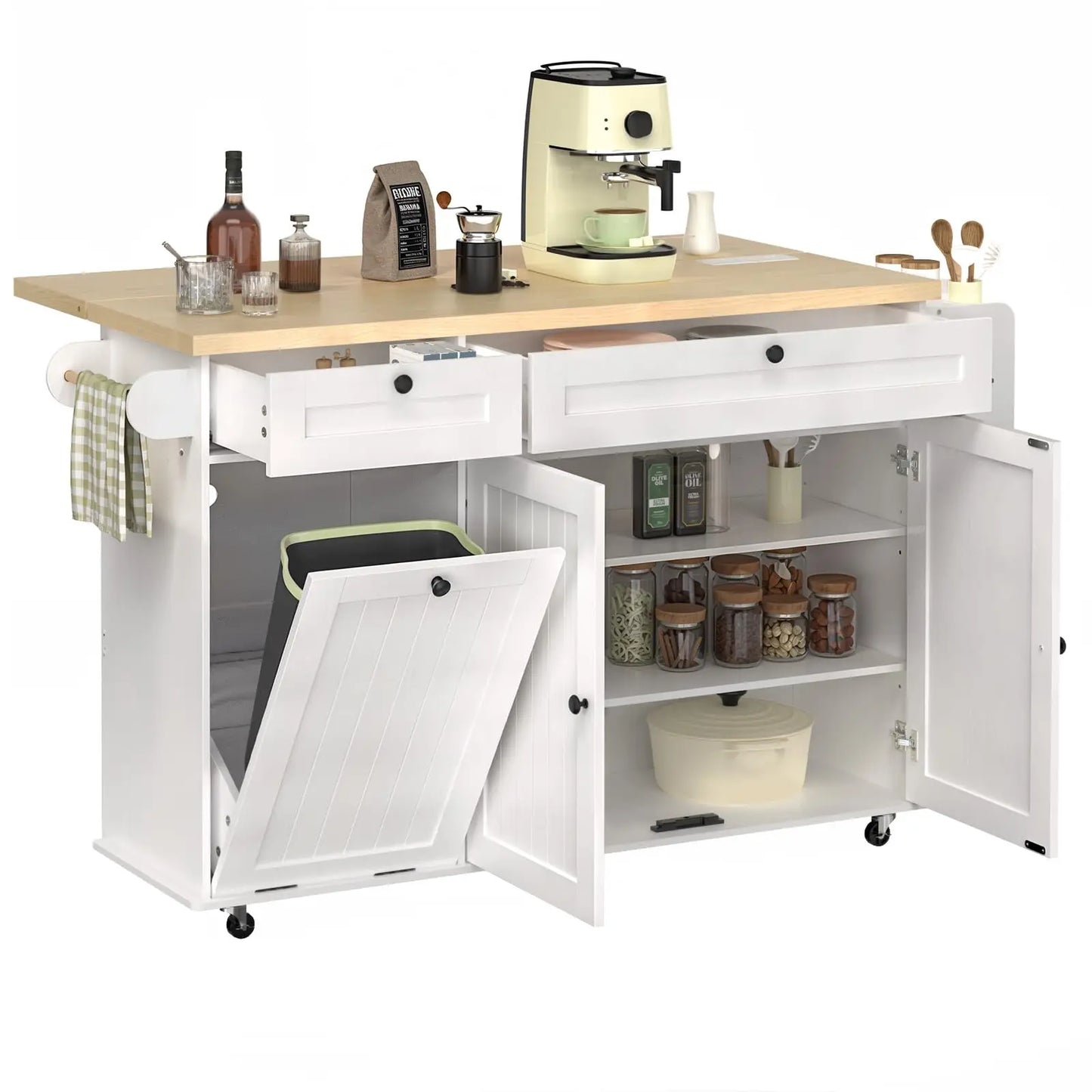 60" Rolling Kitchen Island Table With Power Outlets