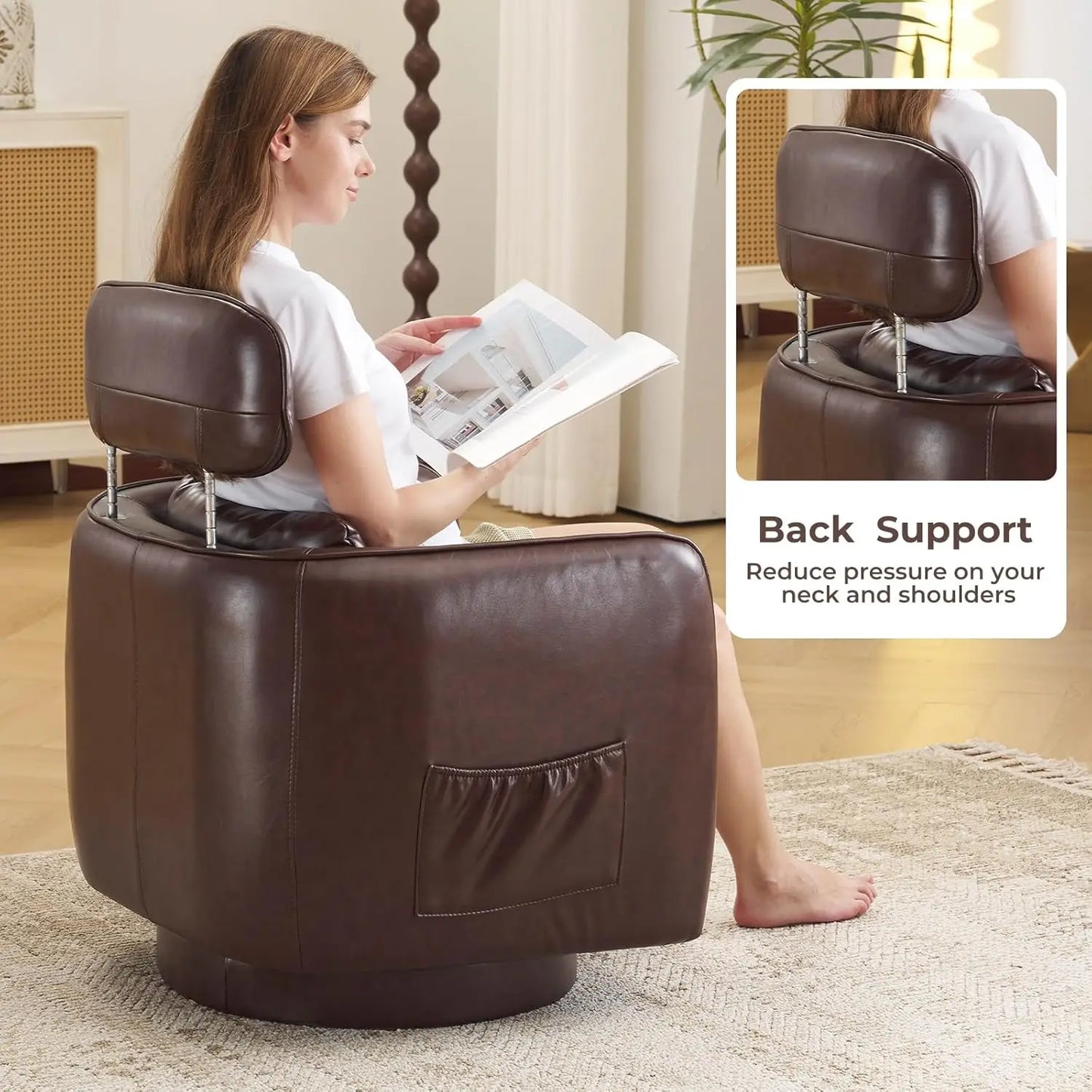 Large Round Swivel Chair With  Leather Upholstery