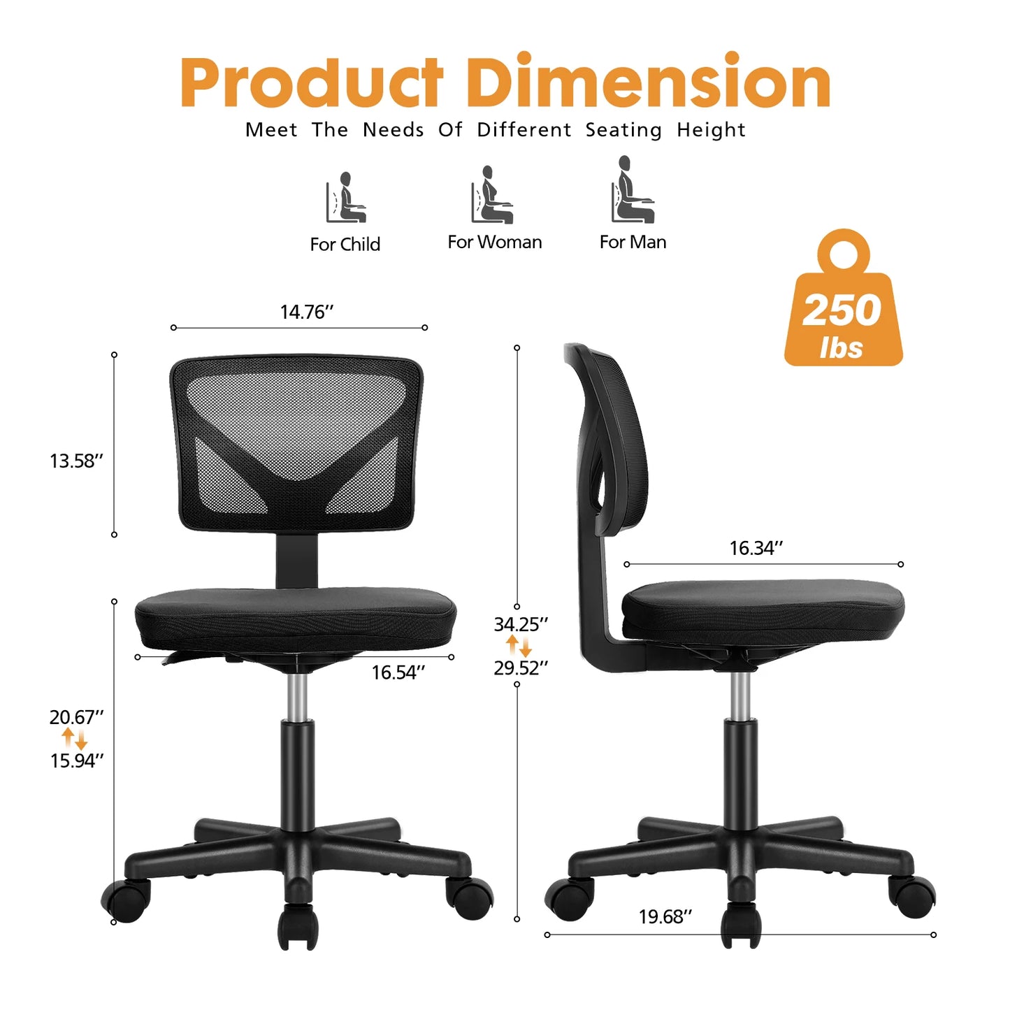 Armless Office Chair Adjustable Height Rolling Swivel