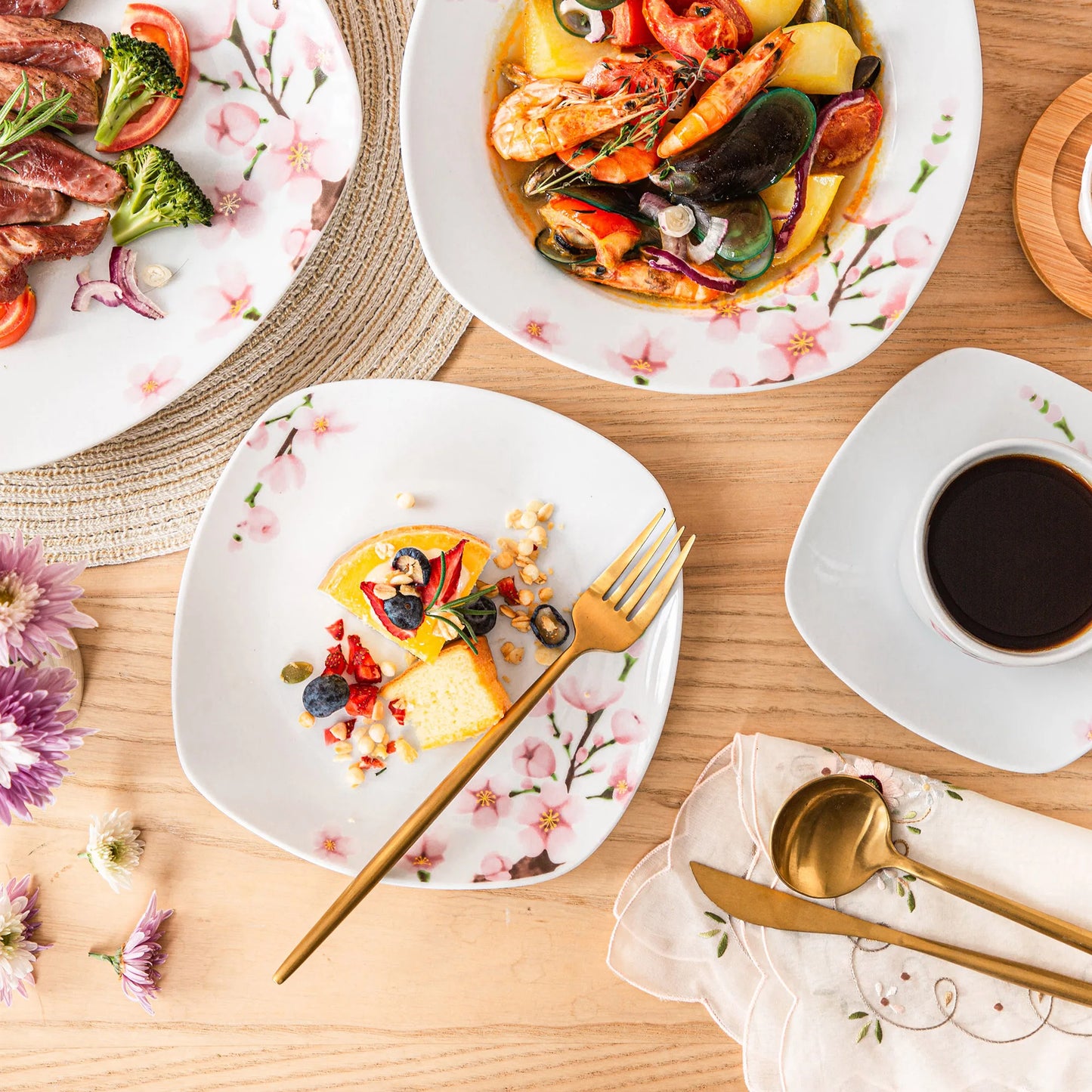 60-Piece White Ceramic Pink Floral Plate Set