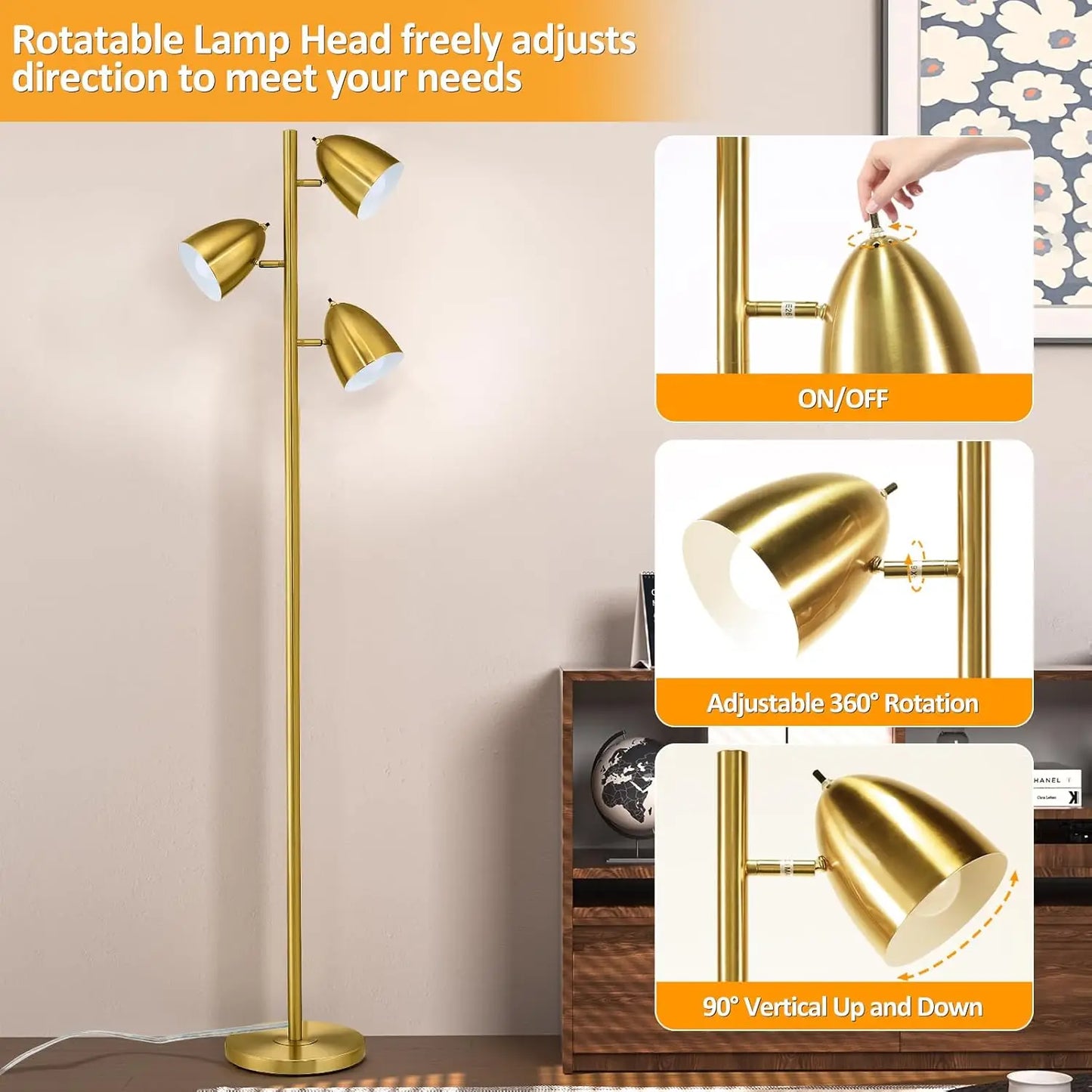 65"  Adjustable Floor Lamp with  Gold Metal Heads