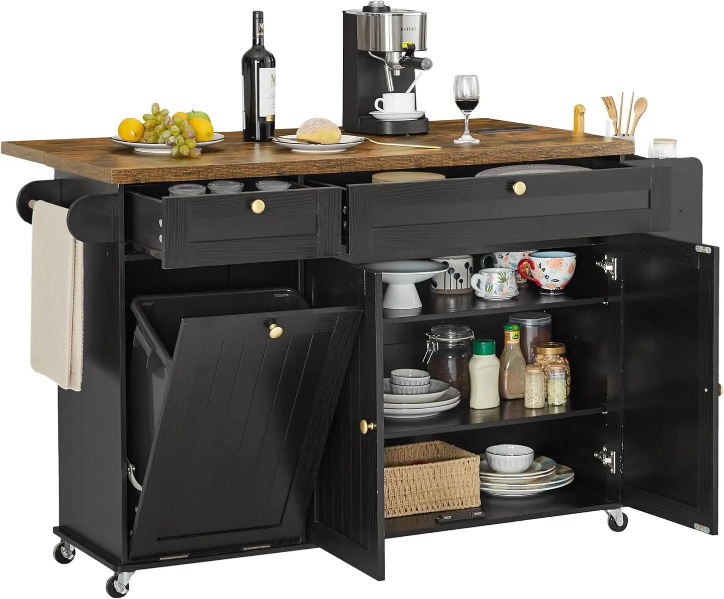 60" Rolling Kitchen Island Table With Power Outlets