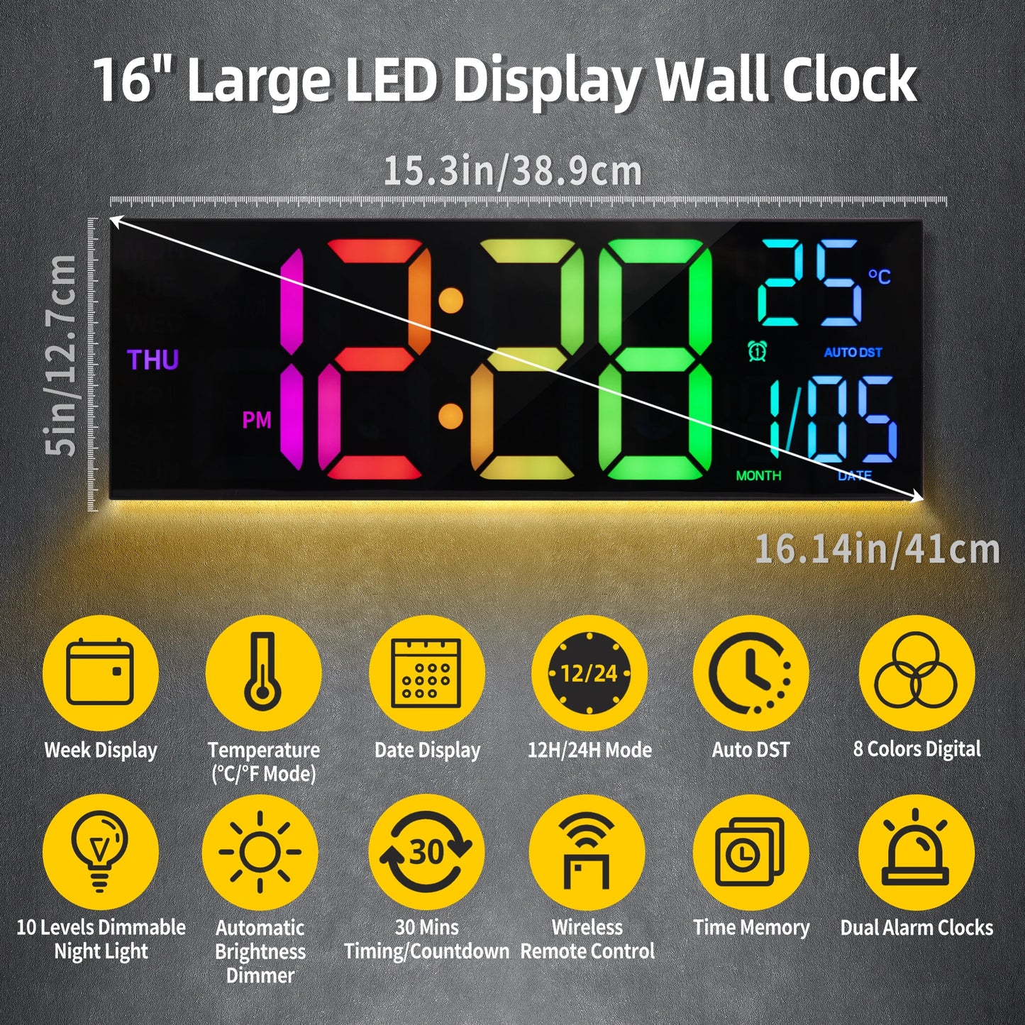 16" Digital Wall Clock, Big LED Display with Remote,