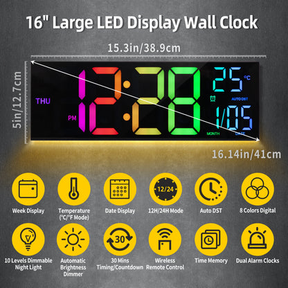 16" Digital Wall Clock, Big LED Display with Remote,