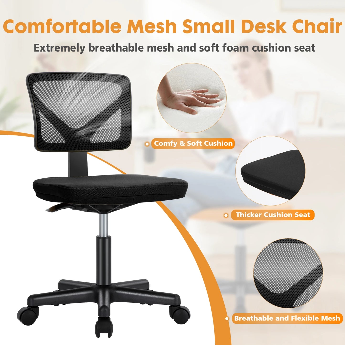 Armless Office Chair Adjustable Height Rolling Swivel