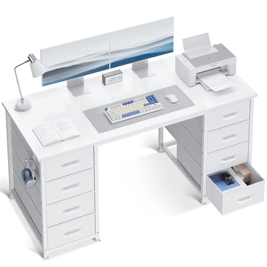 48 Inch White Computer Desk with 8 Fabric Drawers