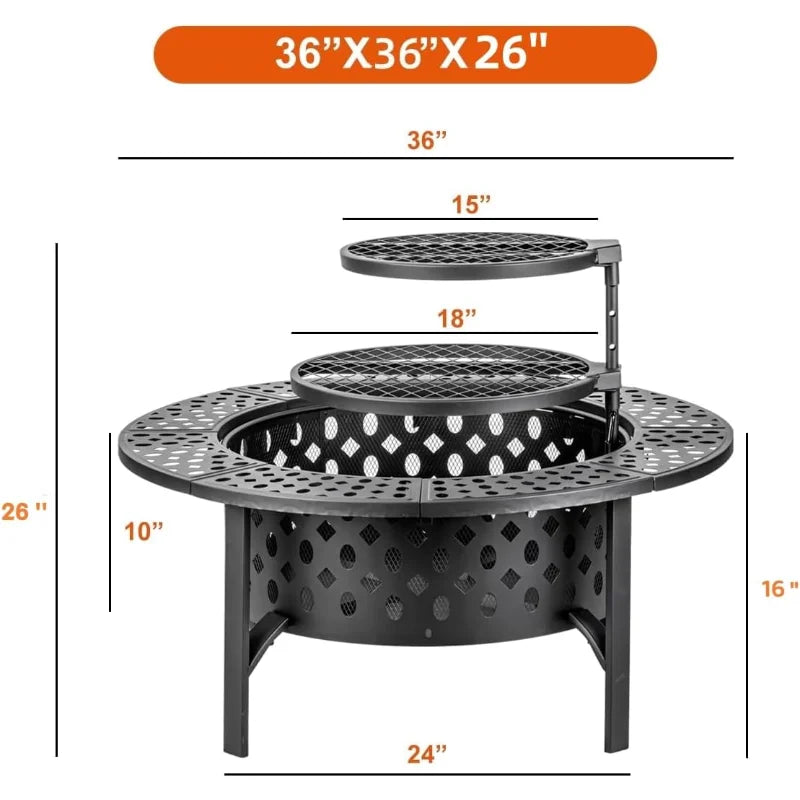 36 Inch Fire Round Fire Pit With 2-Grills,Lid & Poker