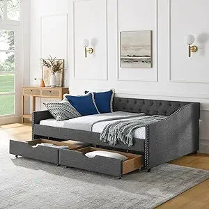 Wood Queen Size Daybed, Frame with 2 Storage Drawers,