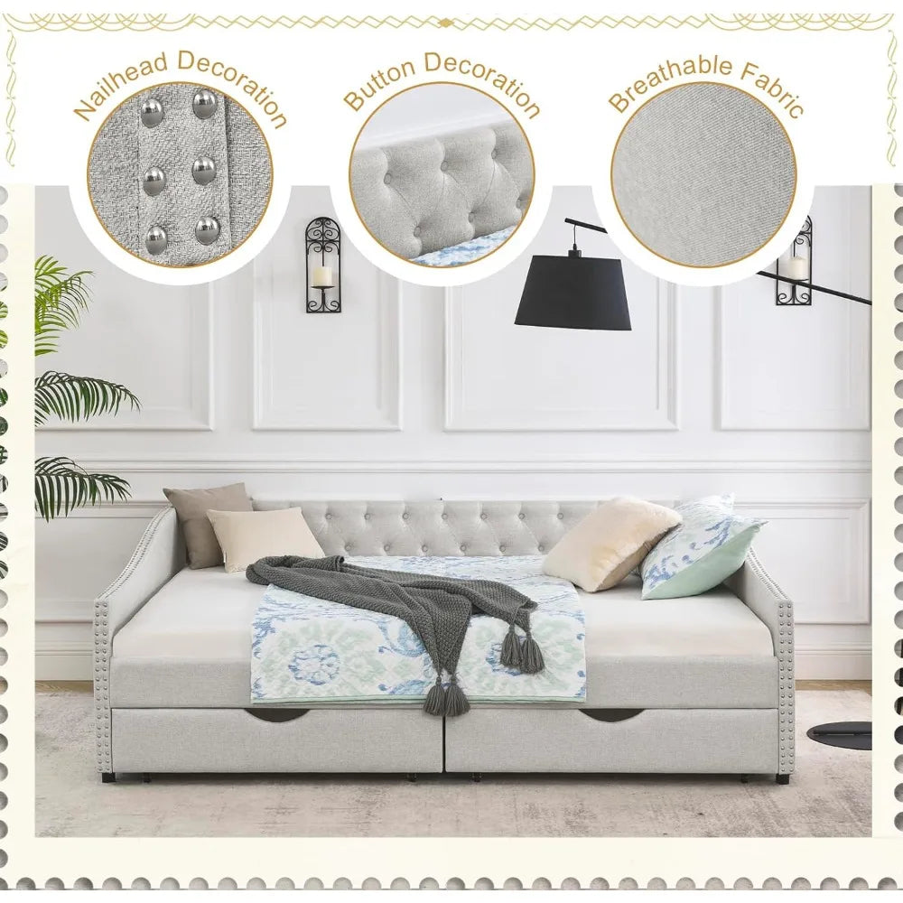 Wood Queen Size Daybed, Frame with 2 Storage Drawers,