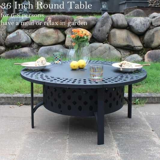 36 Inch Fire Round Fire Pit With 2-Grills,Lid & Poker
