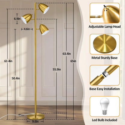 65"  Adjustable Floor Lamp with  Gold Metal Heads