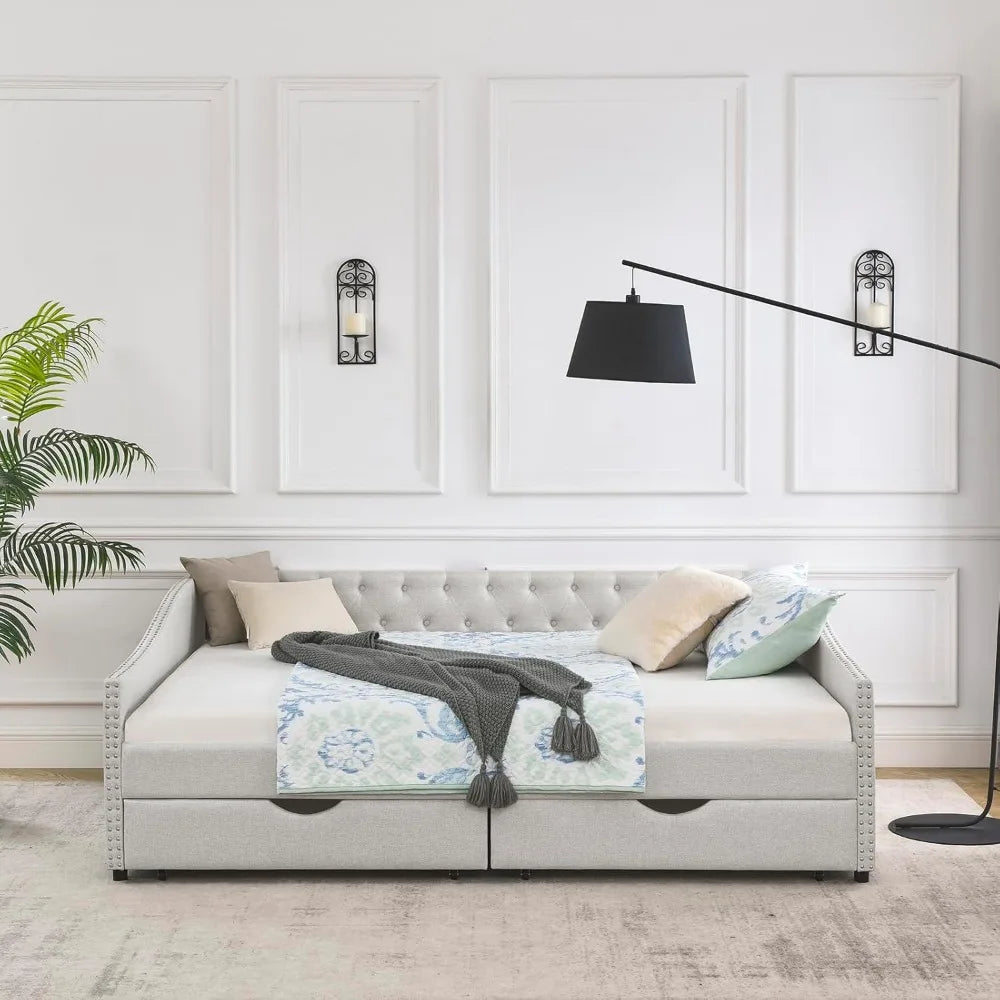 Wood Queen Size Daybed, Frame with 2 Storage Drawers,