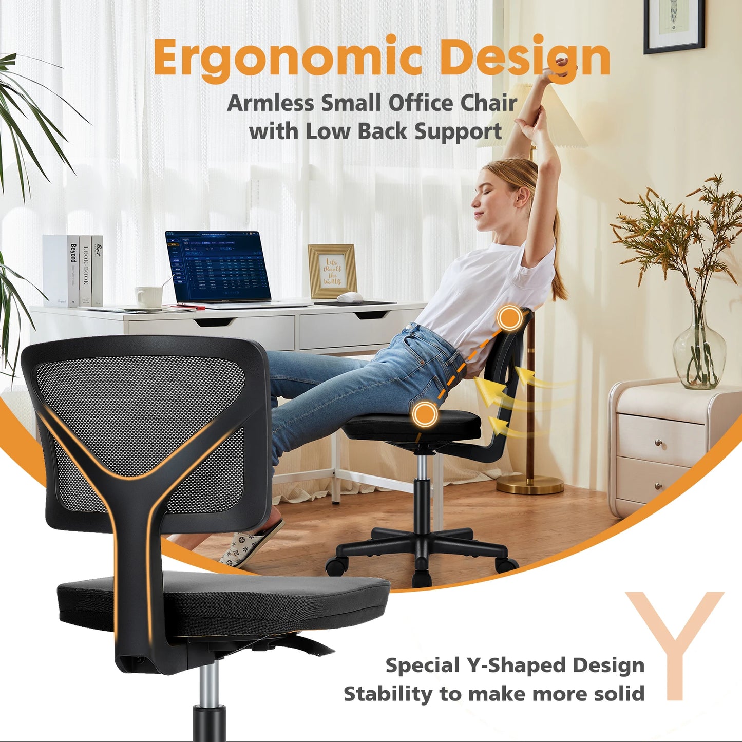 Armless Office Chair Adjustable Height Rolling Swivel
