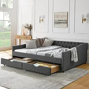 Wood Queen Size Daybed, Frame with 2 Storage Drawers,