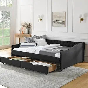 Wood Queen Size Daybed, Frame with 2 Storage Drawers,