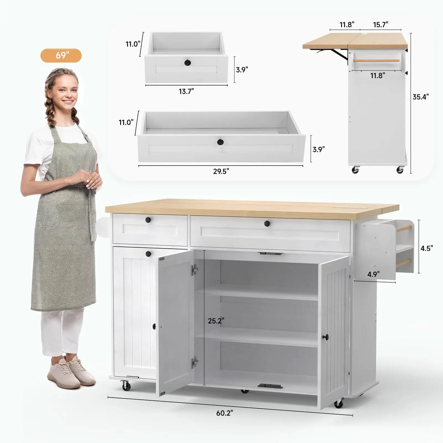 60" Rolling Kitchen Island Table With Power Outlets