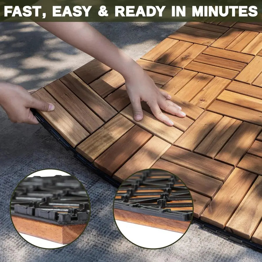 Acacia Wood Deck Tiles, 9Pack, 12 Slats, Waterproof