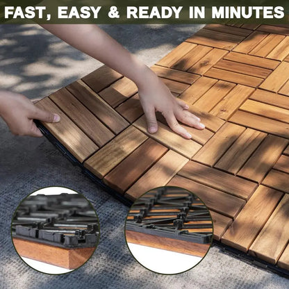 Acacia Wood Deck Tiles, 9Pack, 12 Slats, Waterproof
