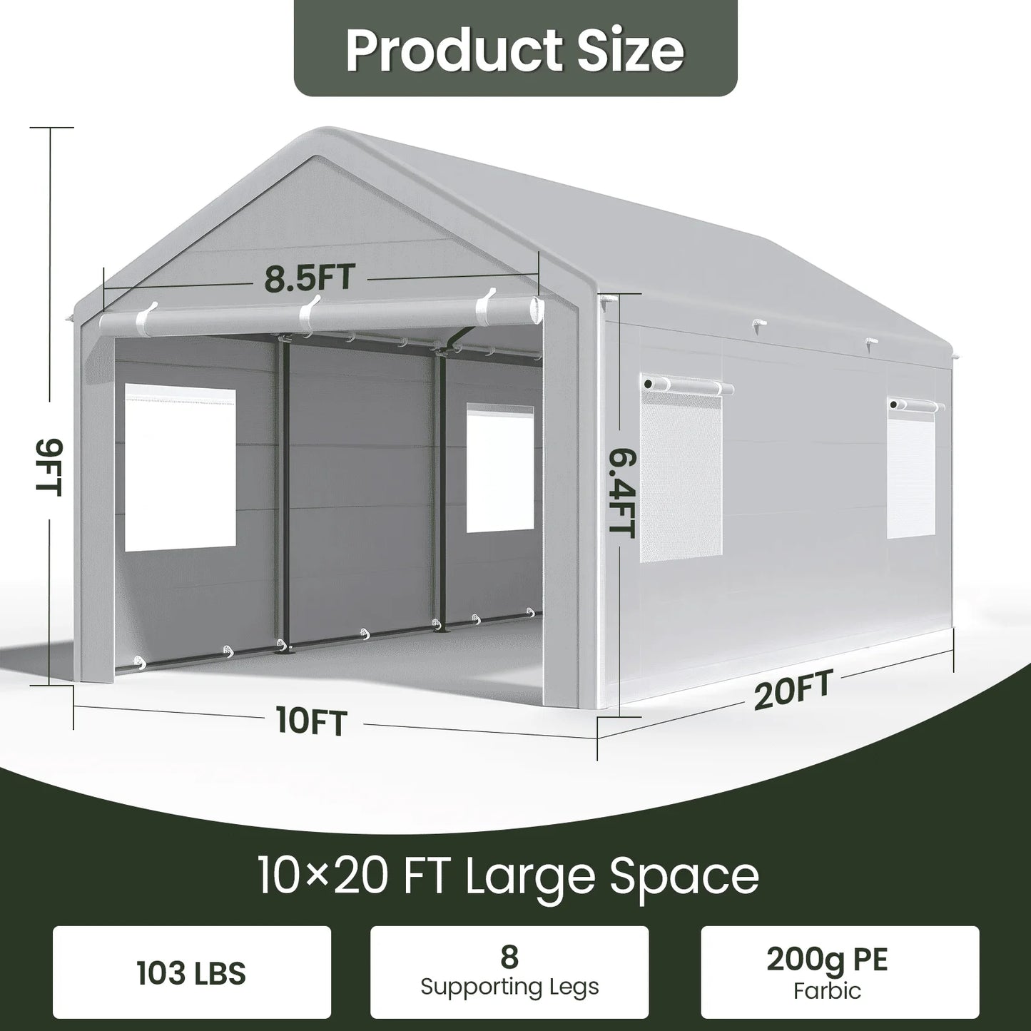 10x20 Ft Portable Garage With Roll-Up Windows