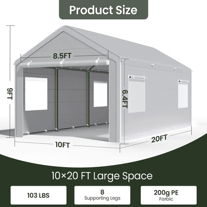 10x20 Ft Portable Garage With Roll-Up Windows