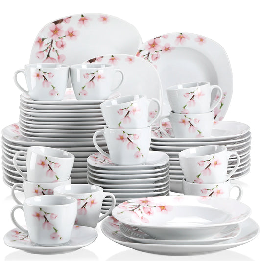 60-Piece White Ceramic Pink Floral Plate Set