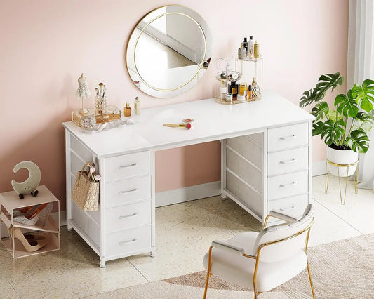 48 Inch White Computer Desk with 8 Fabric Drawers