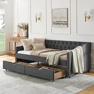Wood Queen Size Daybed, Frame with 2 Storage Drawers,