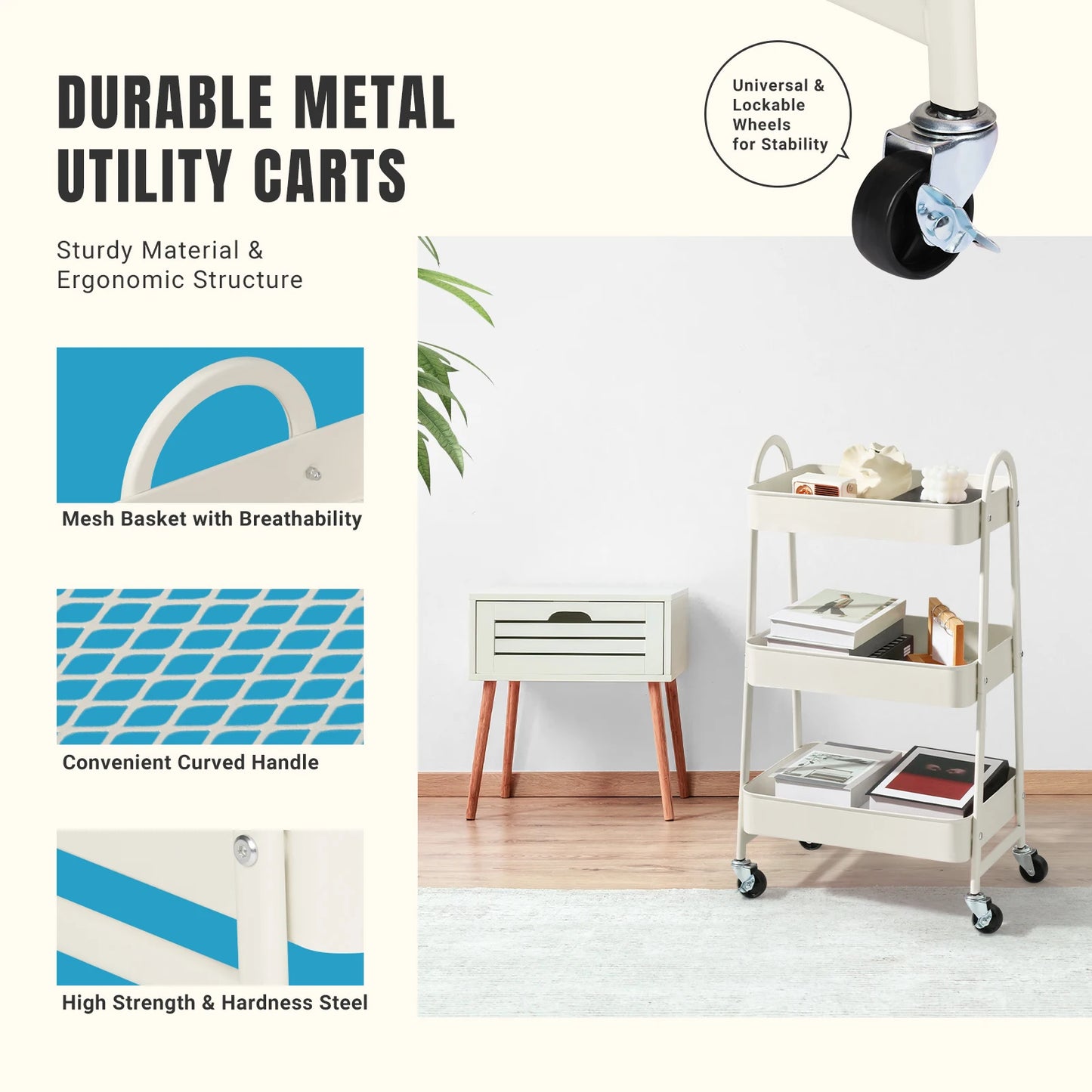 3 Tier Metal Storage Kitchen Cart