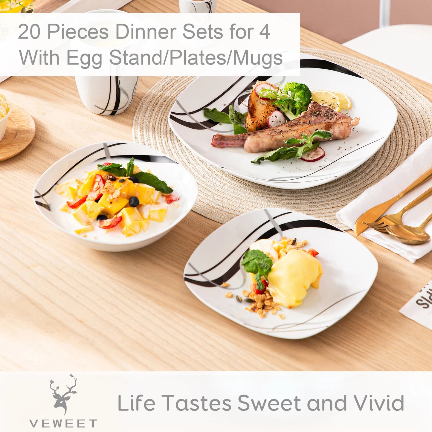 20/40 Piece Black Stripe Porcelain Dinner Combi-Set