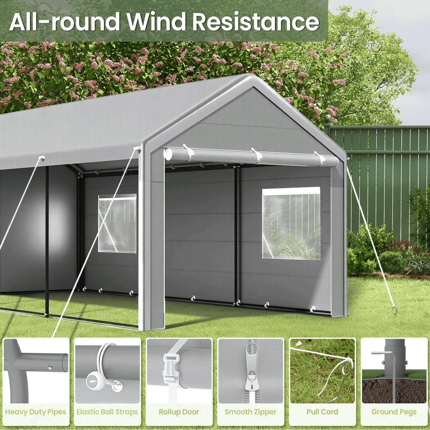 10x20 Ft Portable Garage With Roll-Up Windows