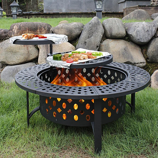 36 Inch Fire Round Fire Pit With 2-Grills,Lid & Poker