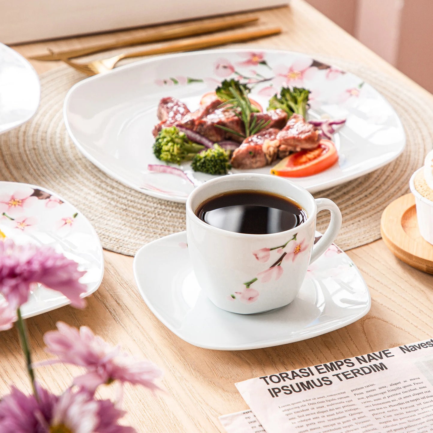 60-Piece White Ceramic Pink Floral Plate Set