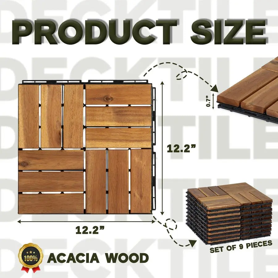 Acacia Wood Deck Tiles, 9Pack, 12 Slats, Waterproof