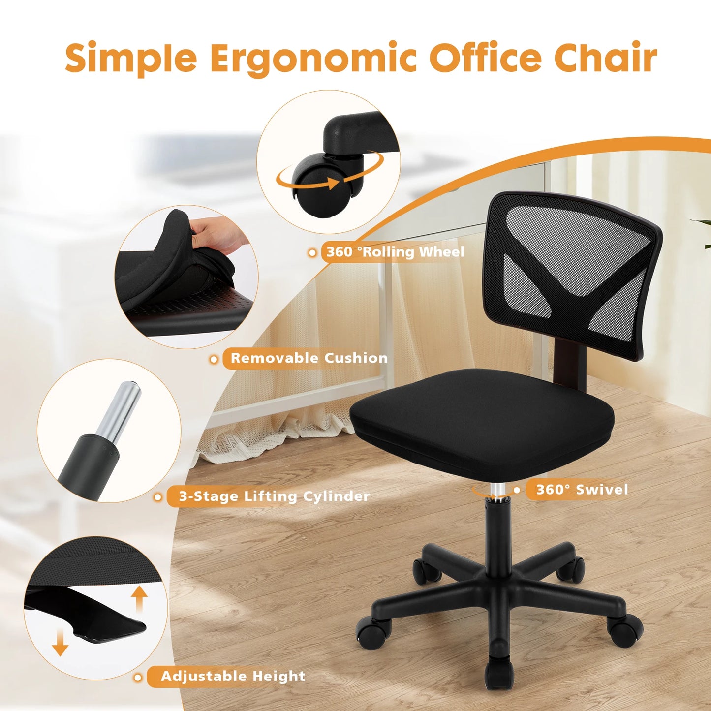 Armless Office Chair Adjustable Height Rolling Swivel