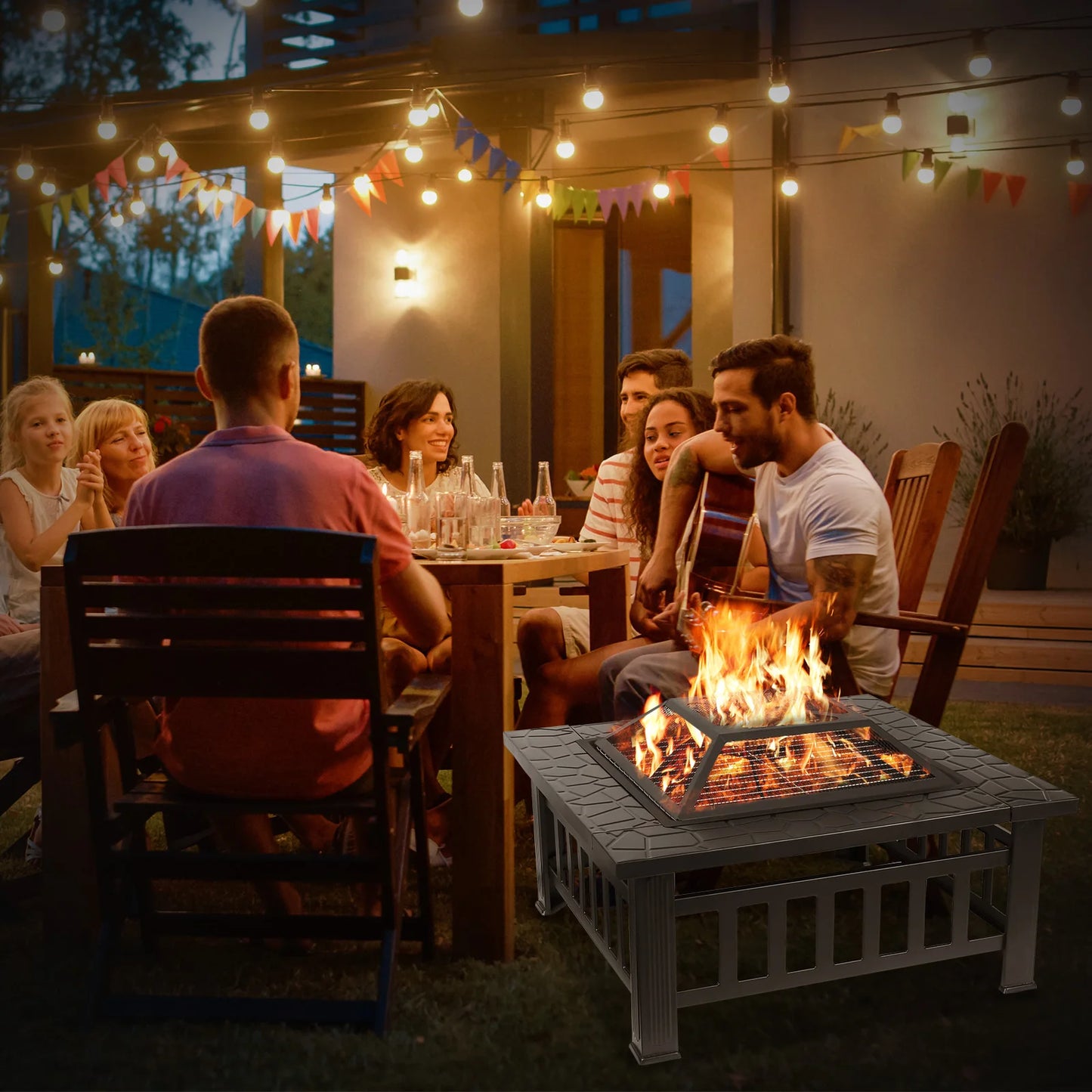 AOOU Steel Fire Pits for Outside, 32'' Square Wood Burning Fire Pit Table, Outdoor Patio BBQ Firepit Bonfire Party