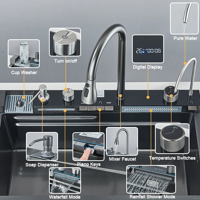 Stainless Steel Kitchen Sink with  Digital Faucet Display
